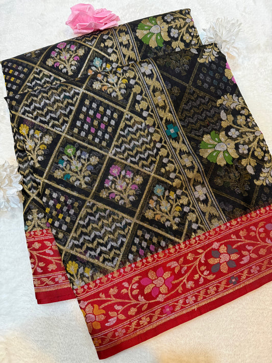 Black Ektra kora silk Jamdani katwork Zari Border Anchal Mina Work Saree
