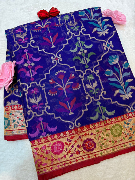 Rpyal Blue Ektra kora silk Jamdani katwork Zari Border Anchal Mina Work Saree