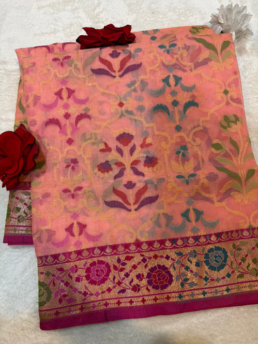 Pich Ektra kora silk Jamdani katwork Zari Border Anchal Mina Work Saree