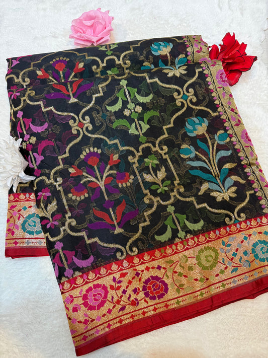 Black Ektra kora silk Jamdani katwork Zari Border Anchal Mina Work Saree