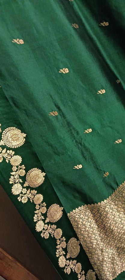 Bottle Green Pure Banarasi Puna Silk Saree