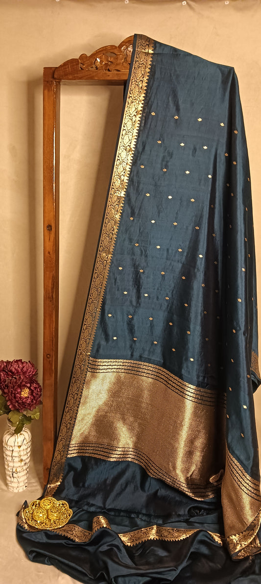 Teal Blue Pure Banarasi Puna Silk Saree