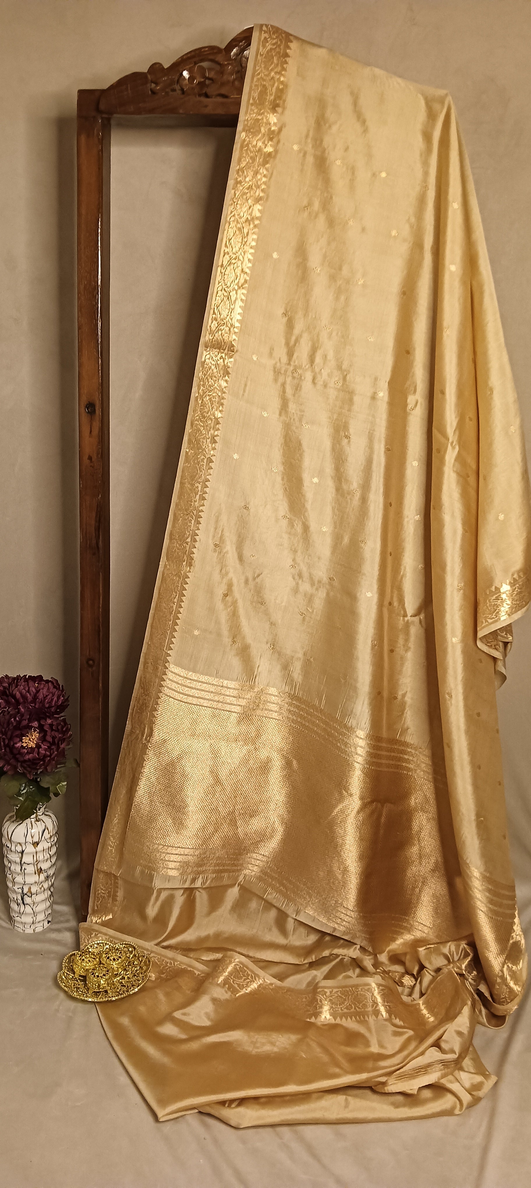 Beige Gold Pure Banarasi Puna Silk Saree