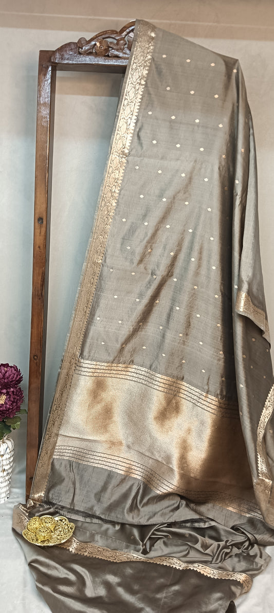 Silver Mist Grey Pure Banarasi Puna Silk Saree