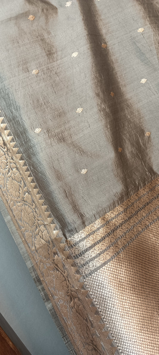 Silver Mist Grey Pure Banarasi Puna Silk Saree