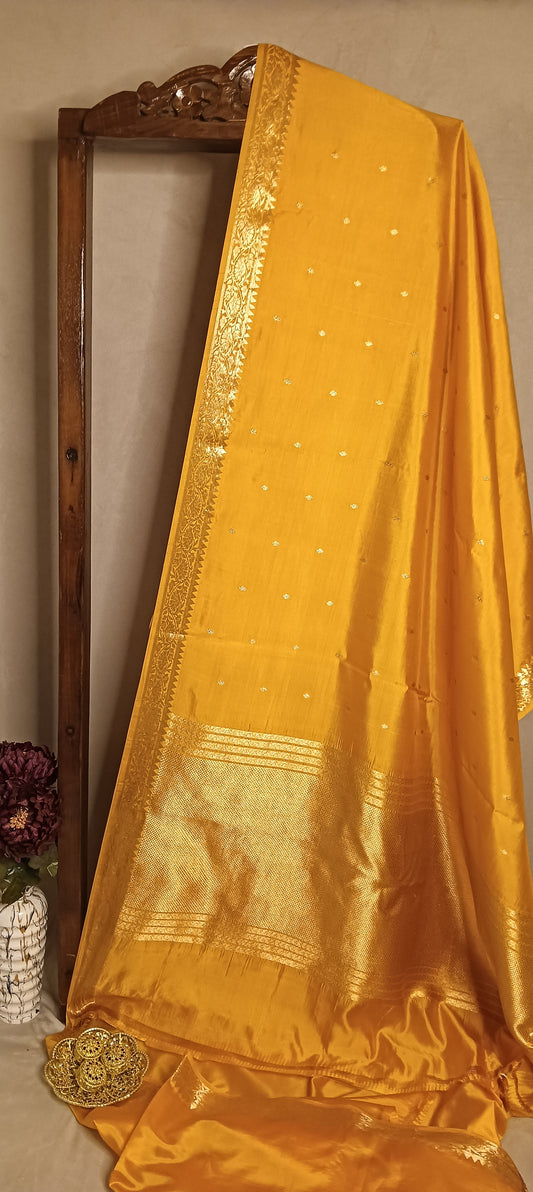 Kesari Mustard Gold Pure Banarasi Puna Silk Saree