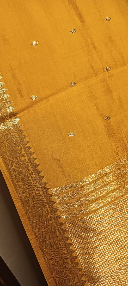 Kesari Mustard Gold Pure Banarasi Puna Silk Saree