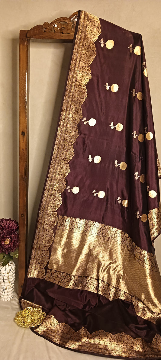 Wine Brown Pure Banarasi Puna Silk Saree