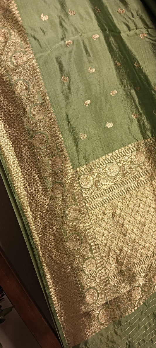 Sage Green Gold Pure Banarasi Puna Silk Saree