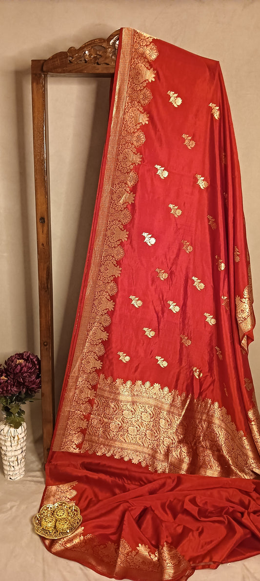 Rust Orange Pure Banarasi Puna Silk Saree