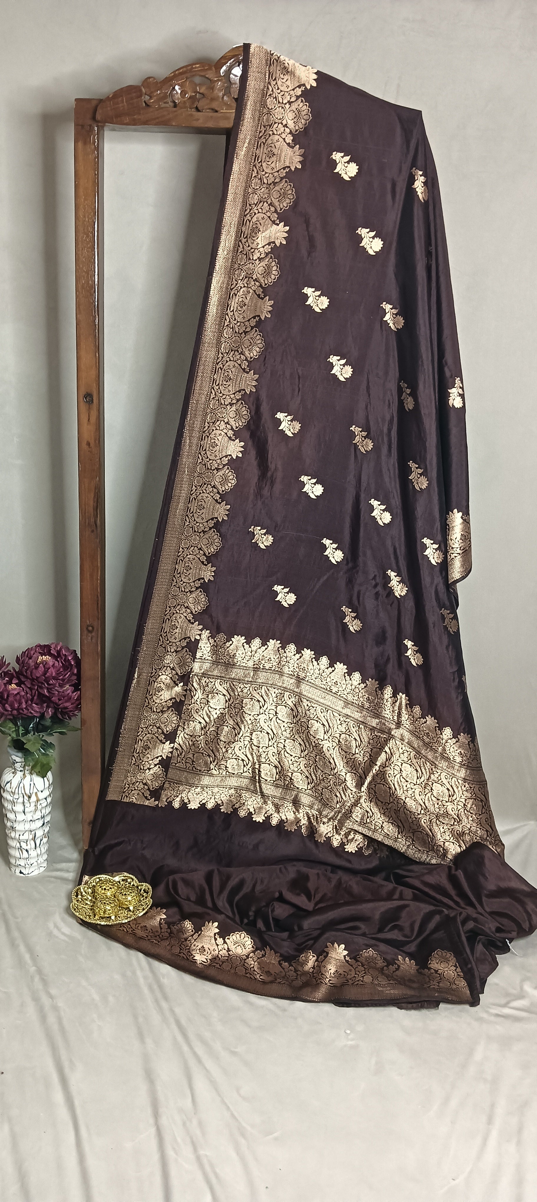 Dark Coffee Brown Pure Banarasi Puna Silk Saree