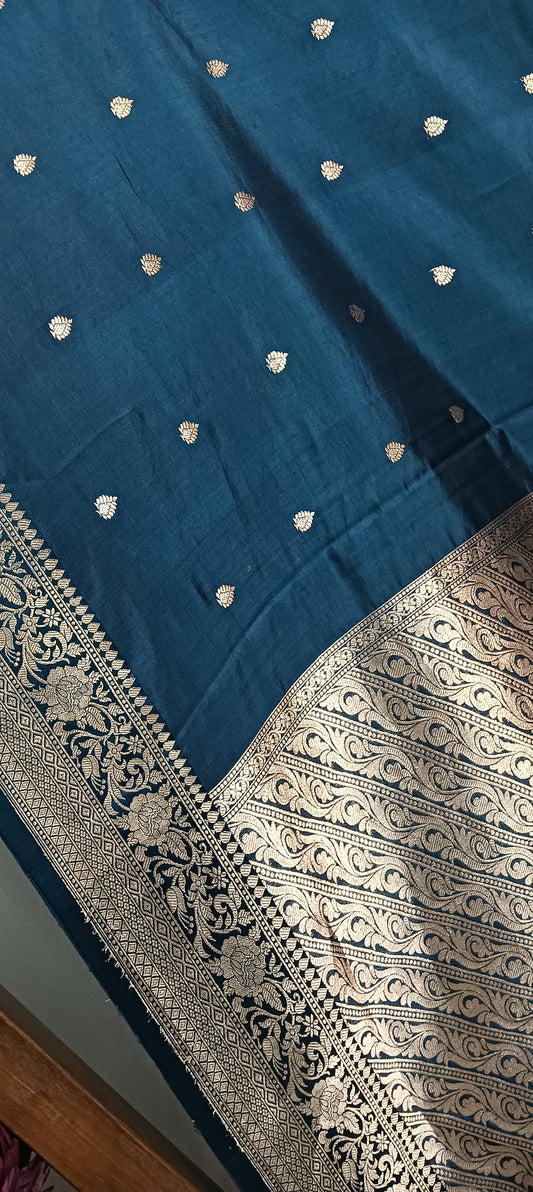 Teal Blue Pure Banarasi Puna Silk Saree