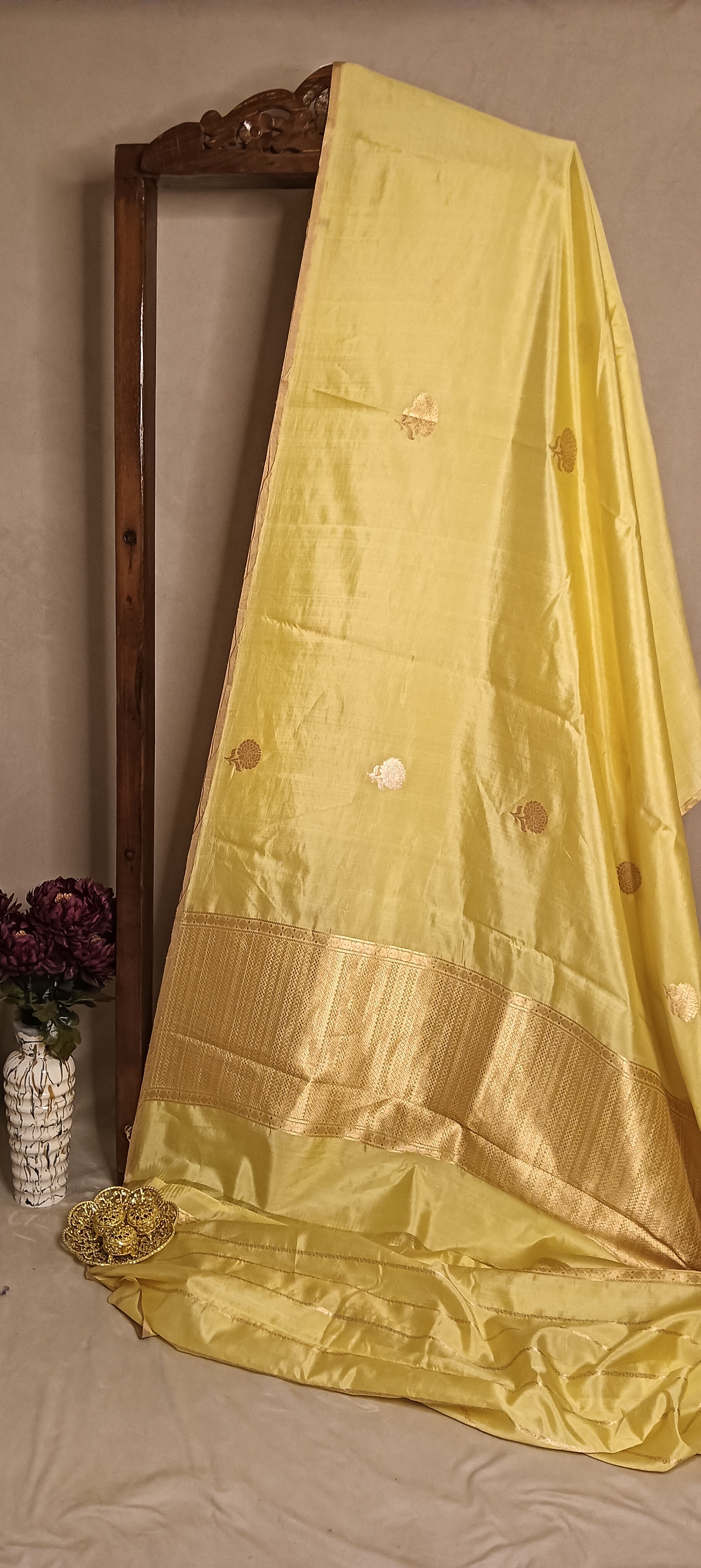 Creamy Butter Yellow  Pink Pure Banarasi Puna Silk Saree
