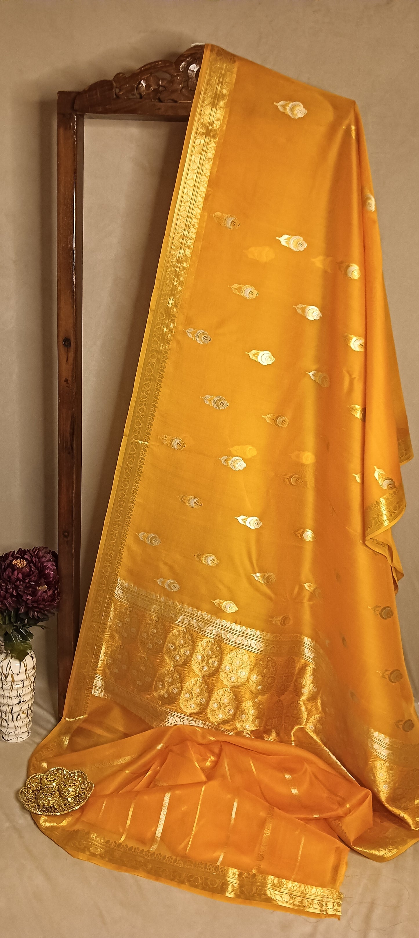 Royal Marigold Yellow Pure Kora Organza Banarasi Silk Saree