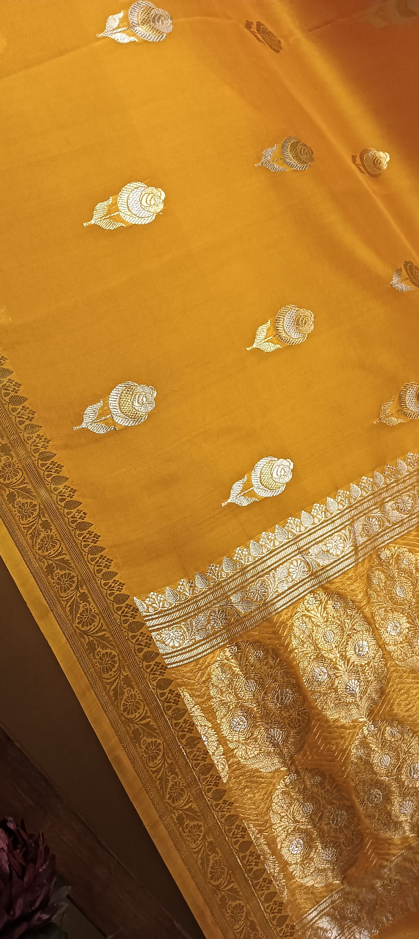 Royal Marigold Yellow Pure Kora Organza Banarasi Silk Saree