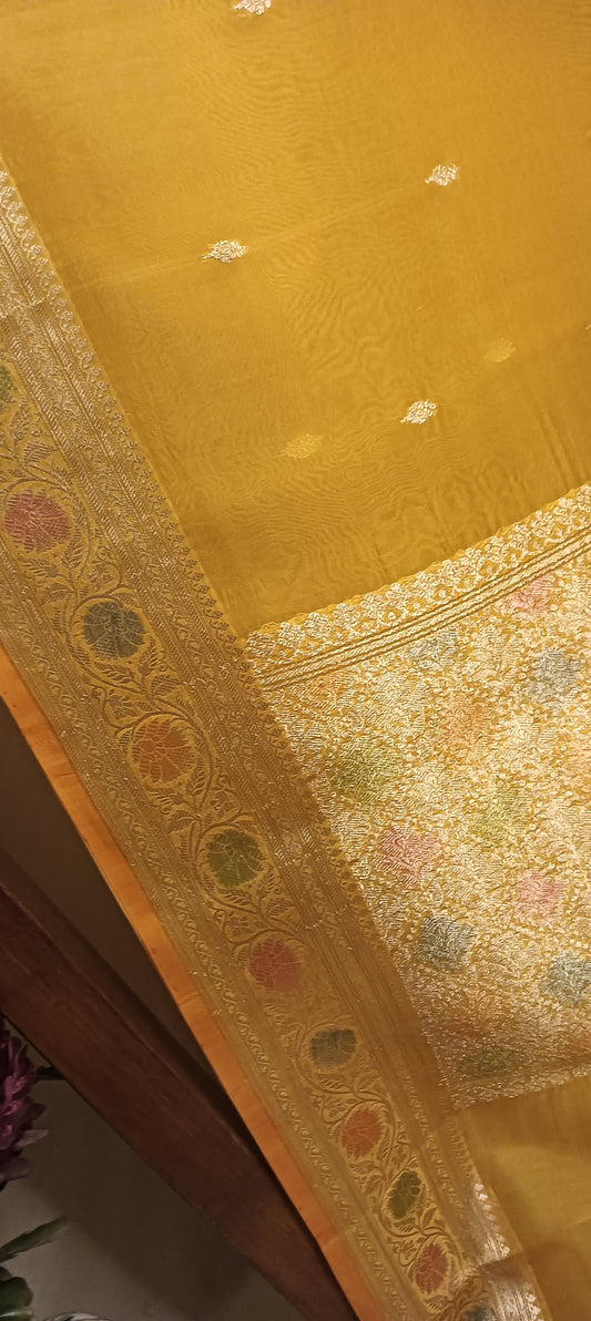 Yellow Pure Kora Organza Banarasi Silk Saree