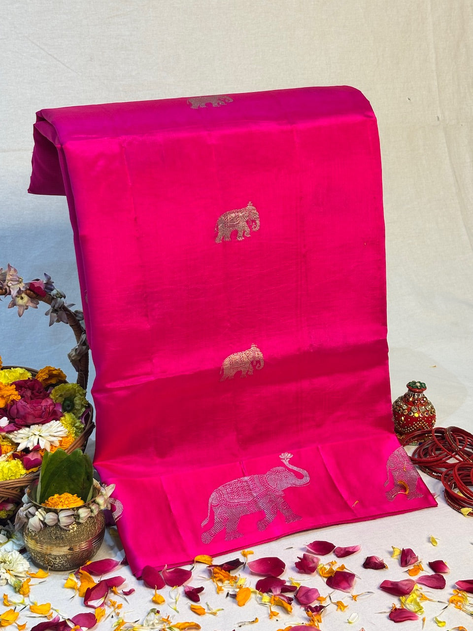 Rani Pink Banarasi Pure Soft Silk Saree