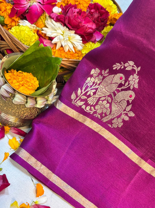 Rani Wine Purple Banarasi Pure Puna Silk Saree