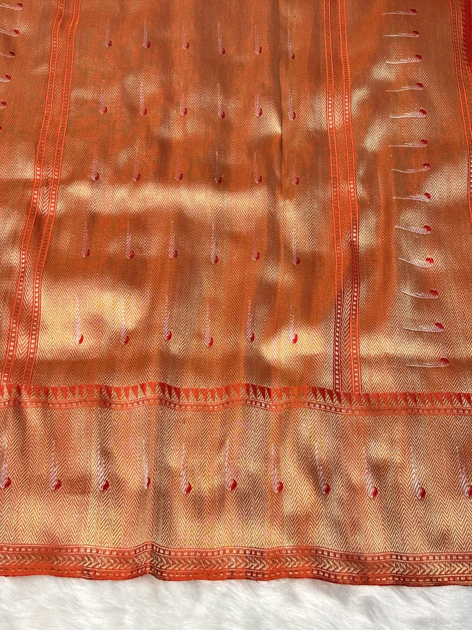 Rust Orange Handwoven Pure Banarasi Tissue High Silver Percentage Silk Saree