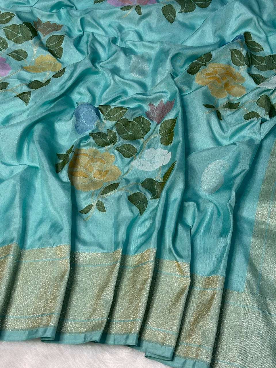 Sea Blue Handwoven Pure Banarasi Ektara Jamdani Silk Saree – Kadwa Iktara Weave, Pure Mulberry Silk