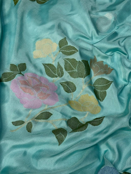 Sea Blue Handwoven Pure Banarasi Ektara Jamdani Silk Saree – Kadwa Iktara Weave, Pure Mulberry Silk