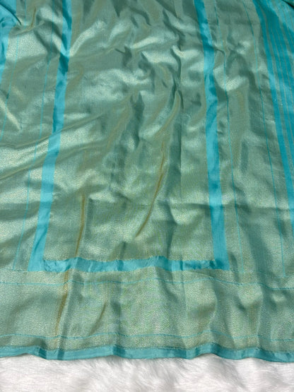 Sea Blue Handwoven Pure Banarasi Ektara Jamdani Silk Saree – Kadwa Iktara Weave, Pure Mulberry Silk