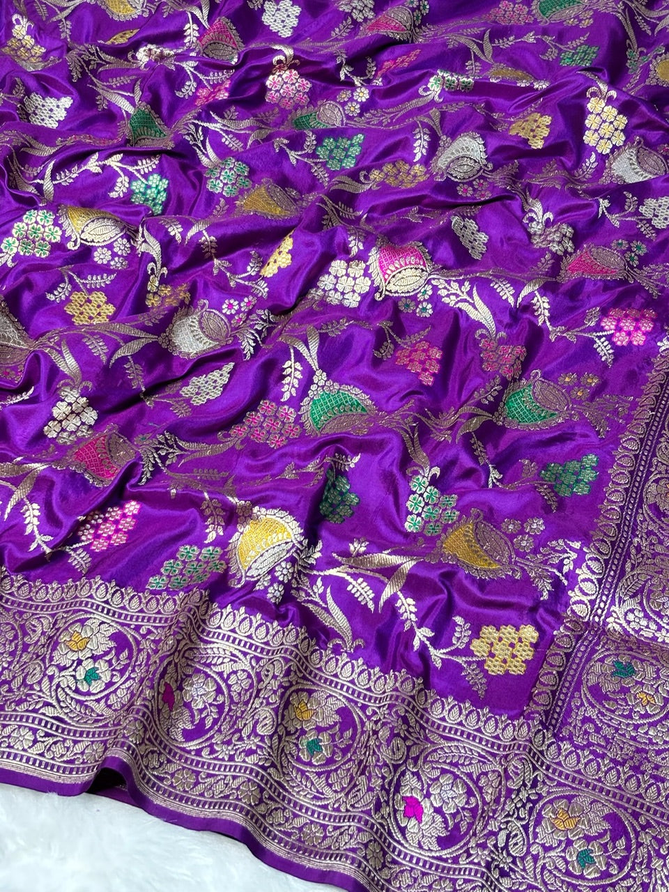 Purple Handwoven Pure Banarasi Silk Saree – Kadwa Weave in 100% Katan Mulberry Silk