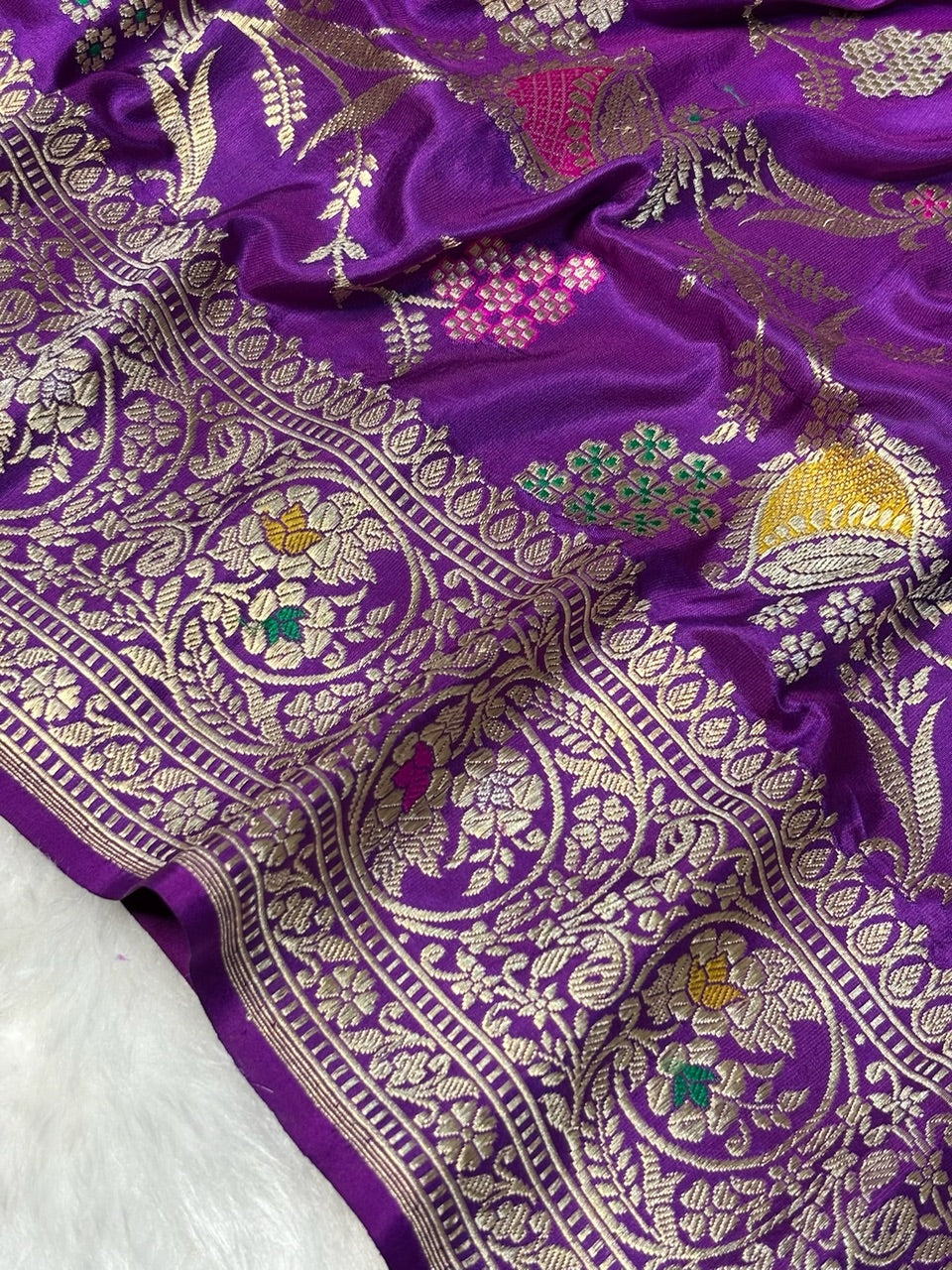 Purple Handwoven Pure Banarasi Silk Saree – Kadwa Weave in 100% Katan Mulberry Silk
