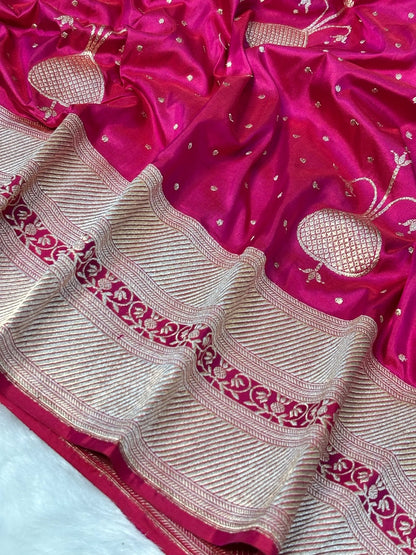 Apple Red Handwoven Pure Banarasi Silk Saree – Kadwa Weave in 100% Katan Mulberry Silk