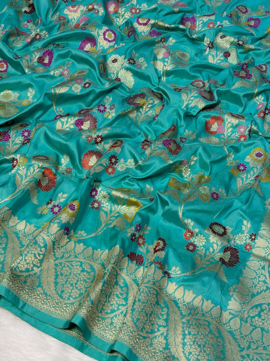 Ocean Blue Handwoven Pure Banarasi Silk Saree – Kadwa Weave in 100% Katan Mulberry Silk