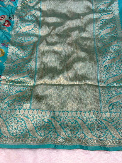 Ocean Blue Handwoven Pure Banarasi Silk Saree – Kadwa Weave in 100% Katan Mulberry Silk