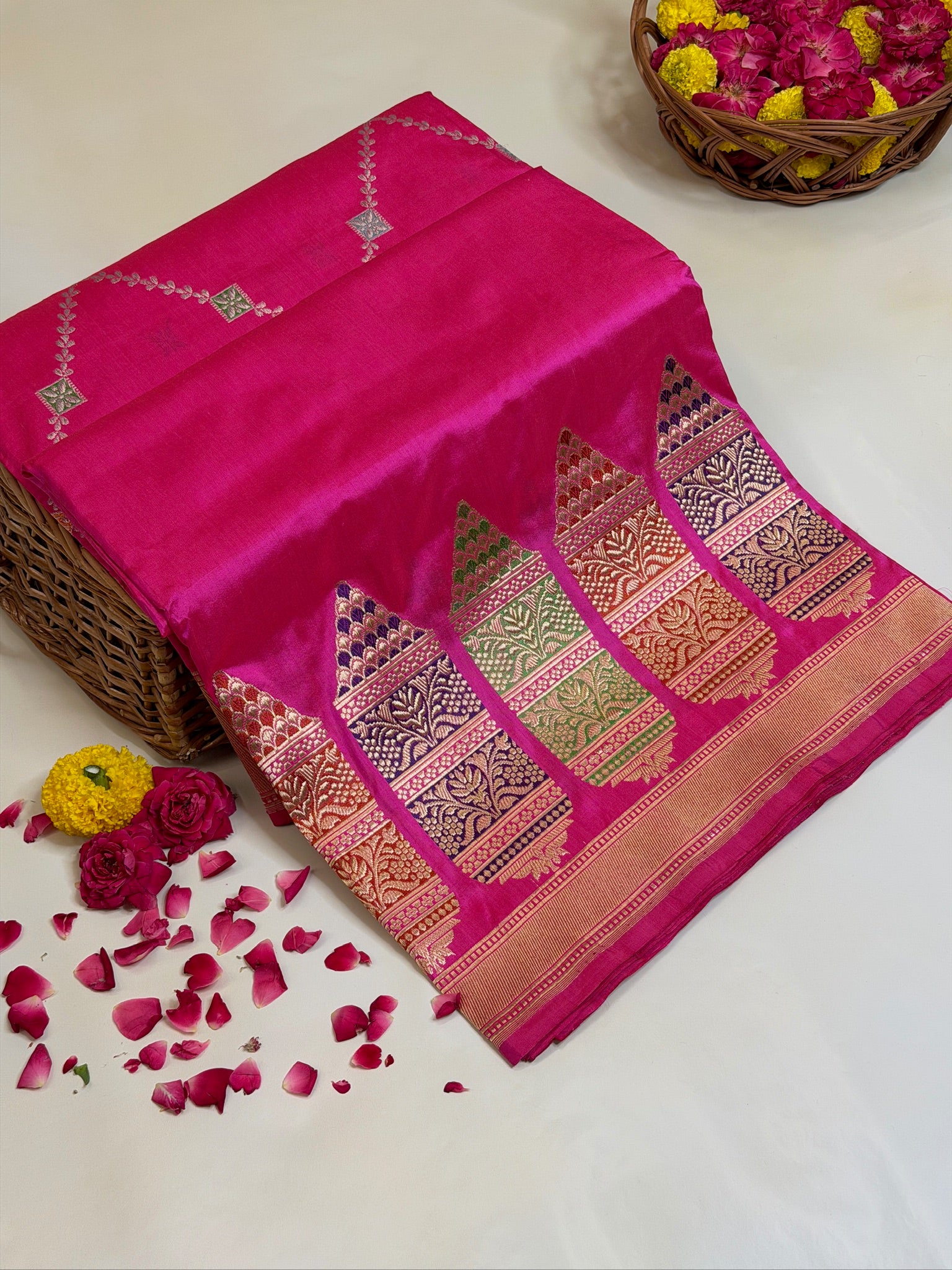 Rani Pink Pure Kadiyal Border Katan Silk Saree with Floral Zari Weaving