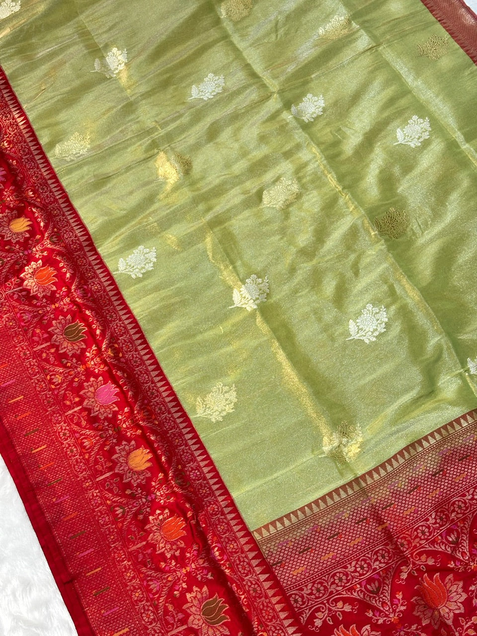 Leaf Green Handwoven Pure Banarasi Tissue Silk Saree
