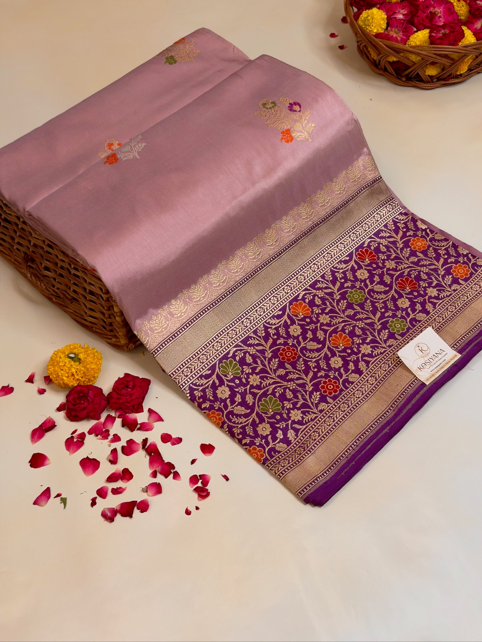 Blush Pink Pure Kadiyal Border Katan Silk Saree with Floral Zari Weaving