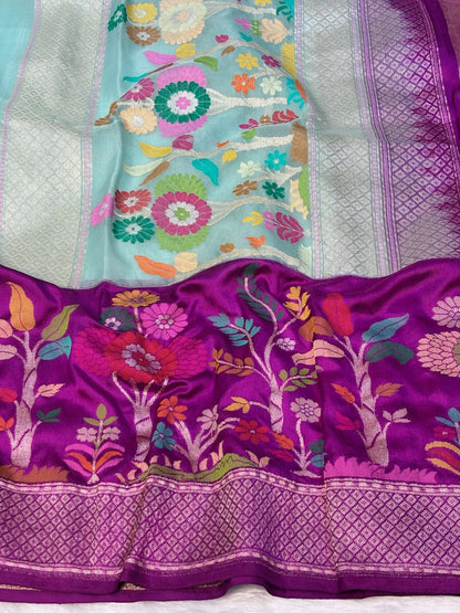 Sea Green Blue Kora Jamdani Ektara Skart Border Silk handwoven  Banarasi Saree