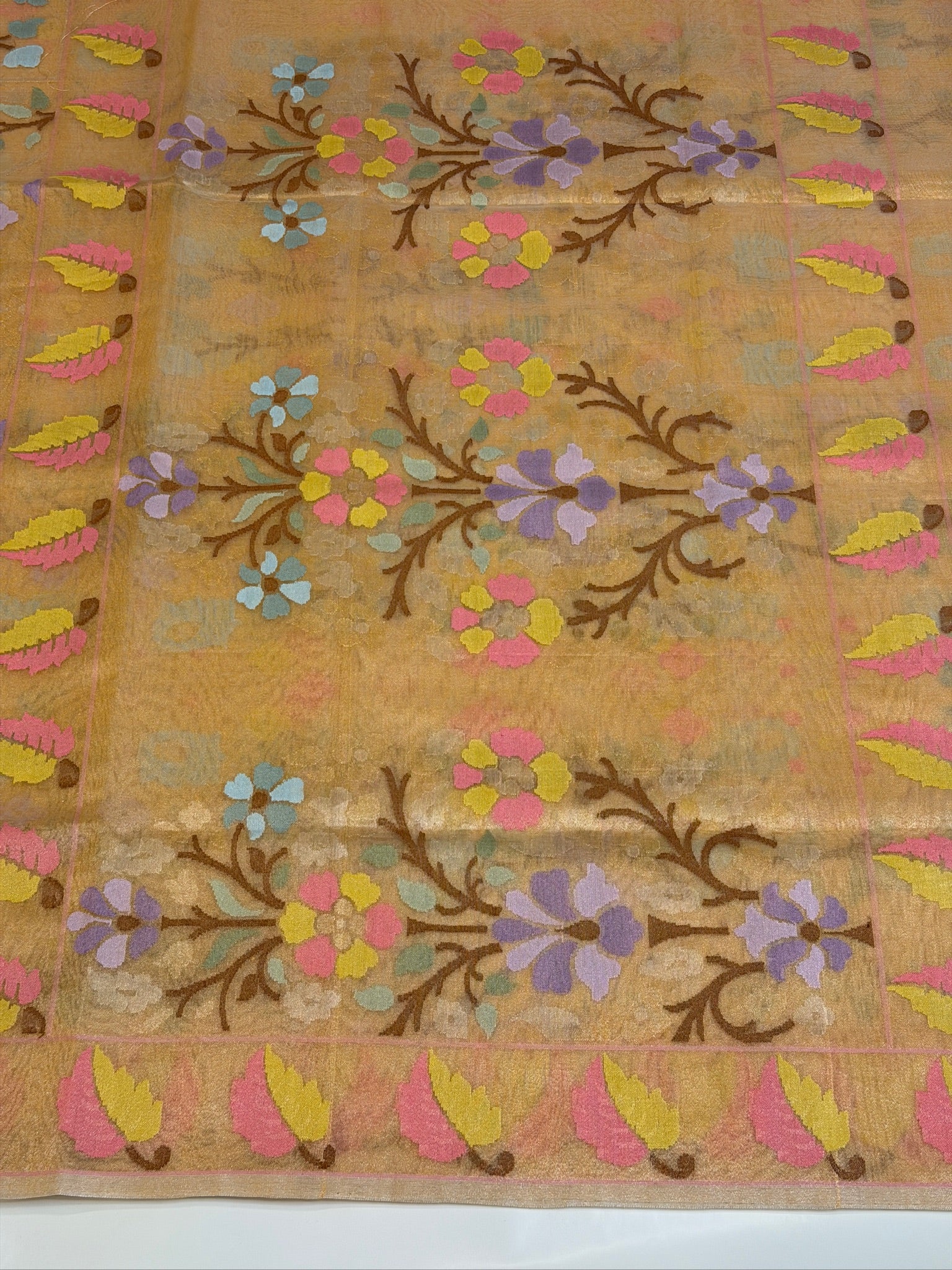 Peach Gold Pure Real Zari Jamdani Saree with Floral Weaving