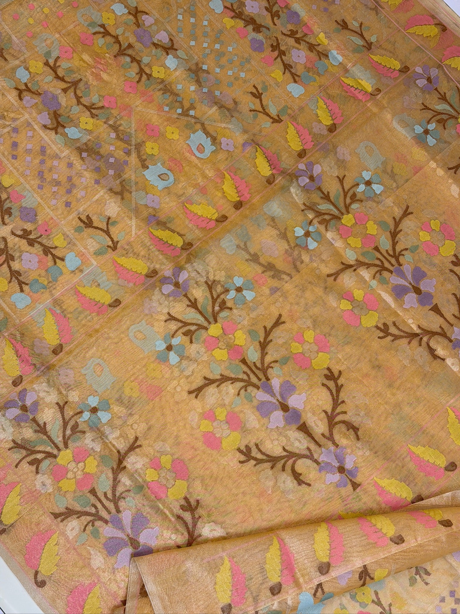 Peach Gold Pure Real Zari Jamdani Saree with Floral Weaving