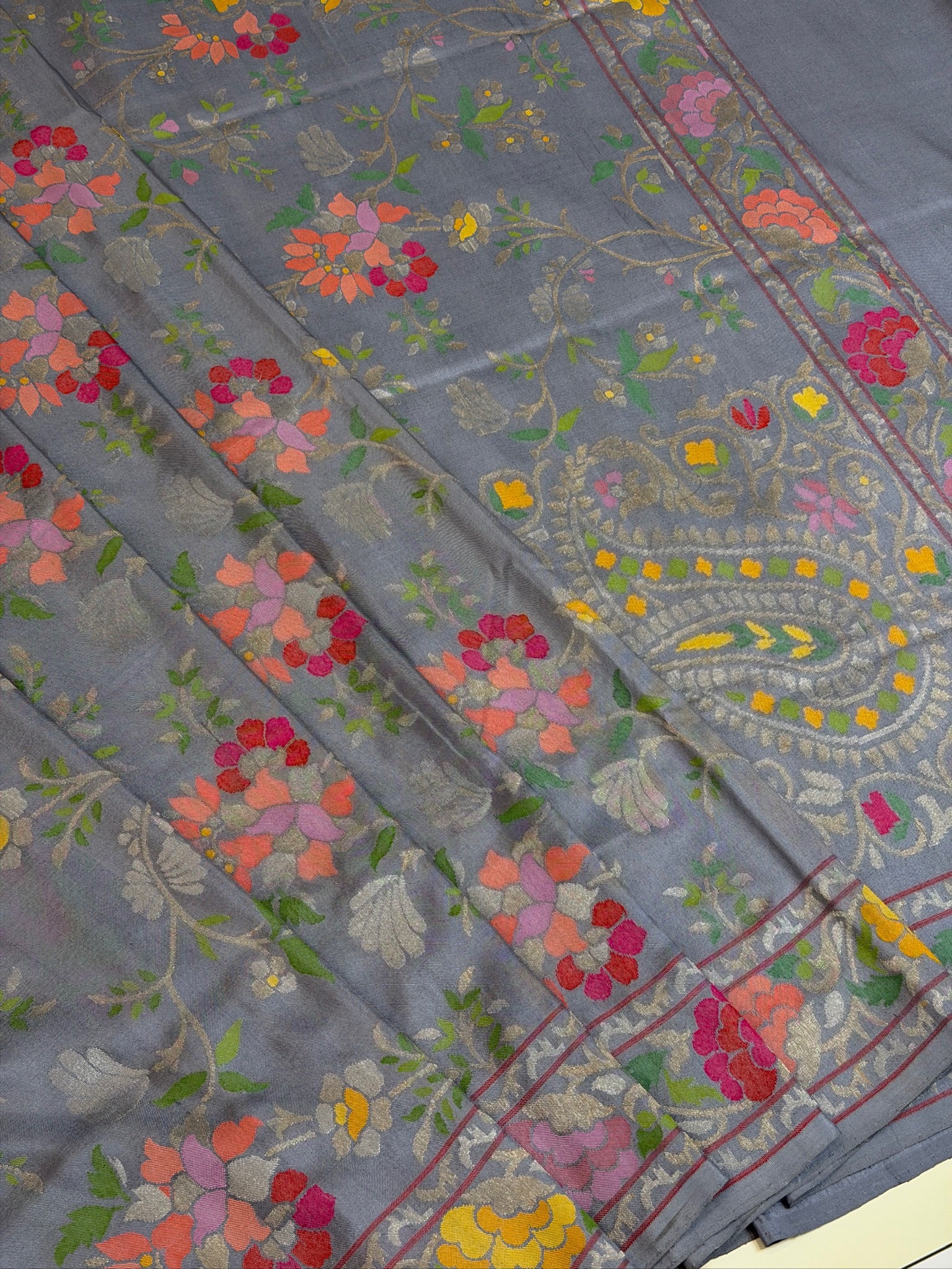 Steel Grey Pure Real Zari Jamdani Saree with Floral Weaving