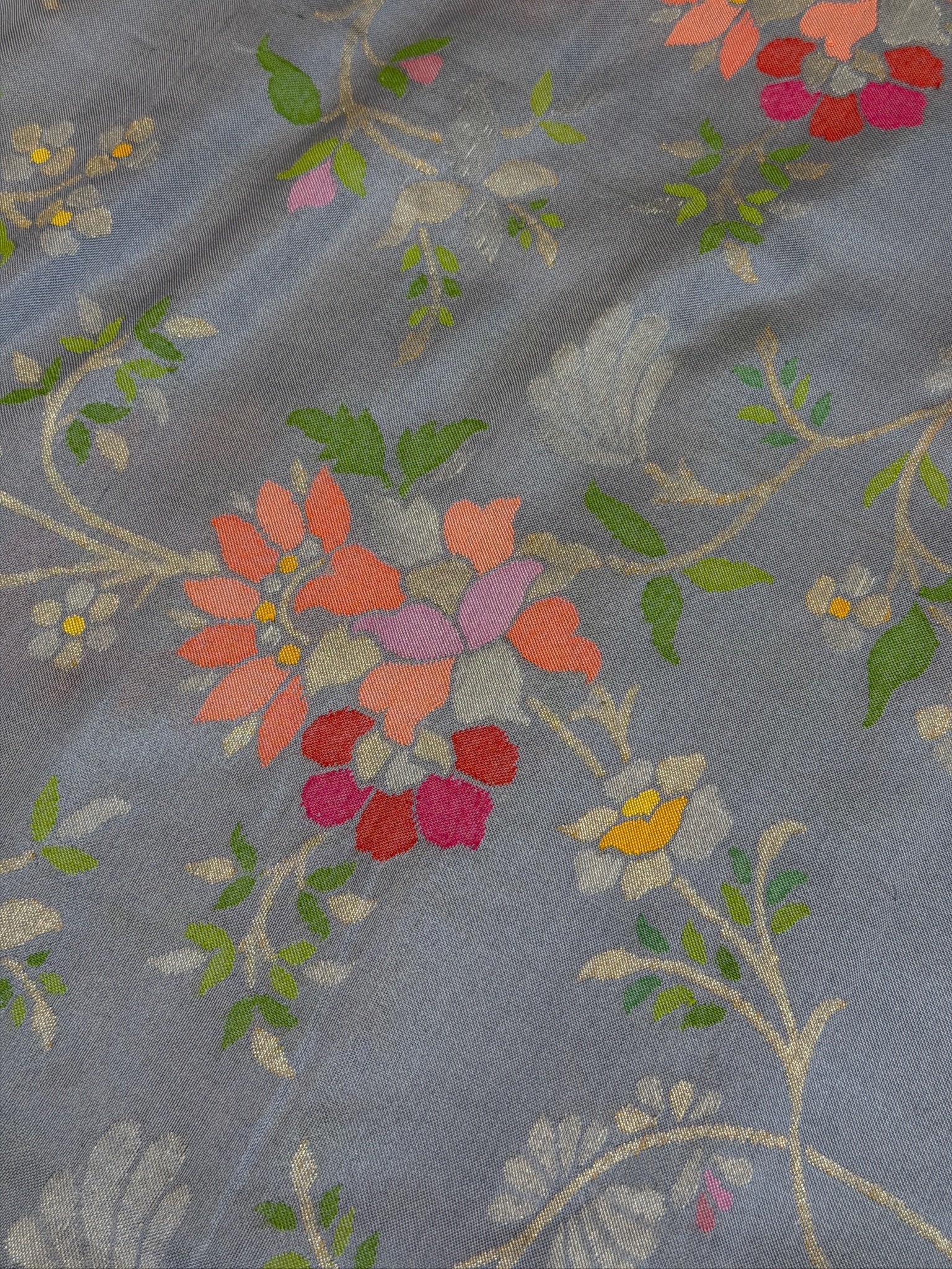 Steel Grey Pure Real Zari Jamdani Saree with Floral Weaving