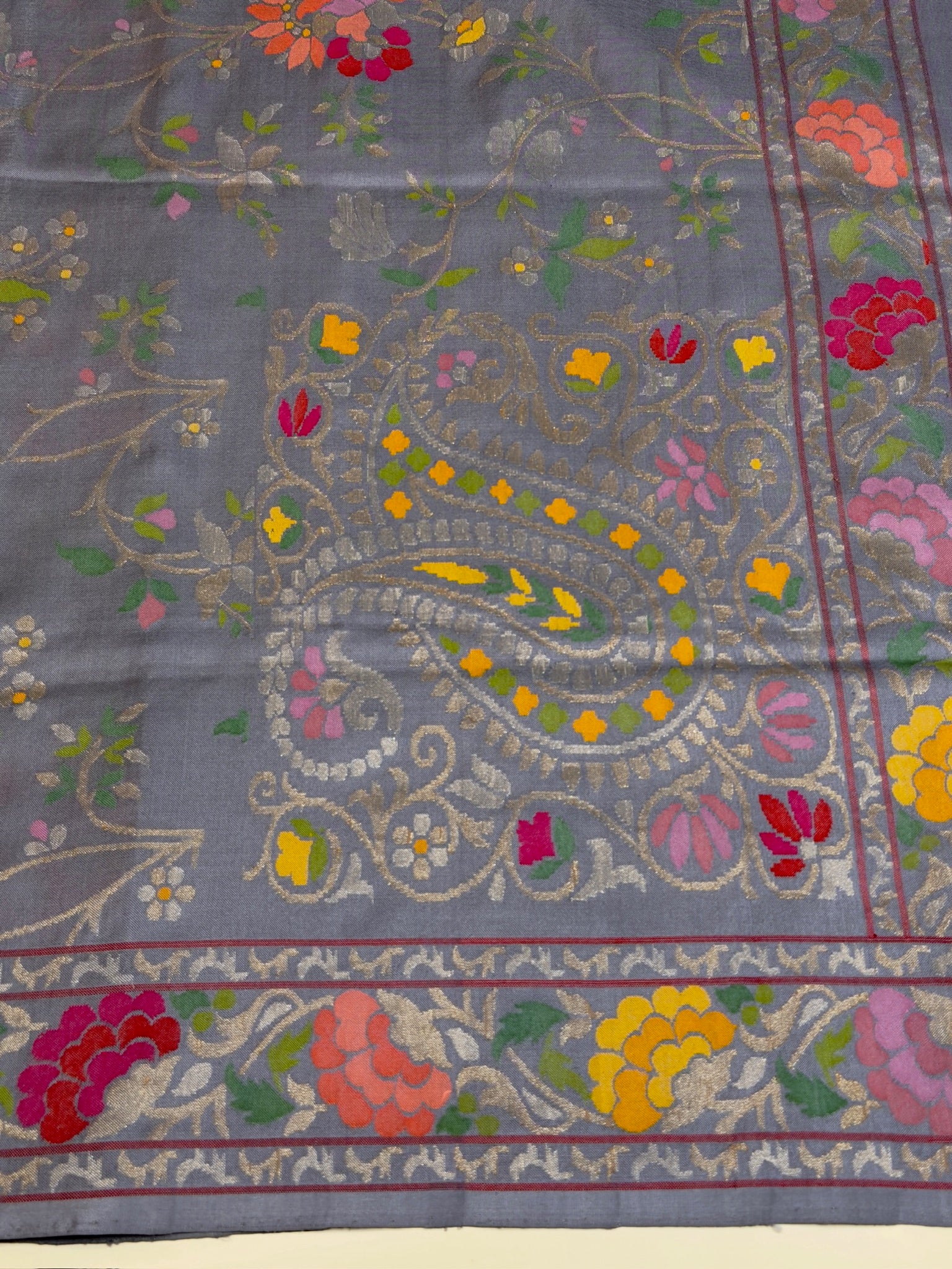 Steel Grey Pure Real Zari Jamdani Saree with Floral Weaving