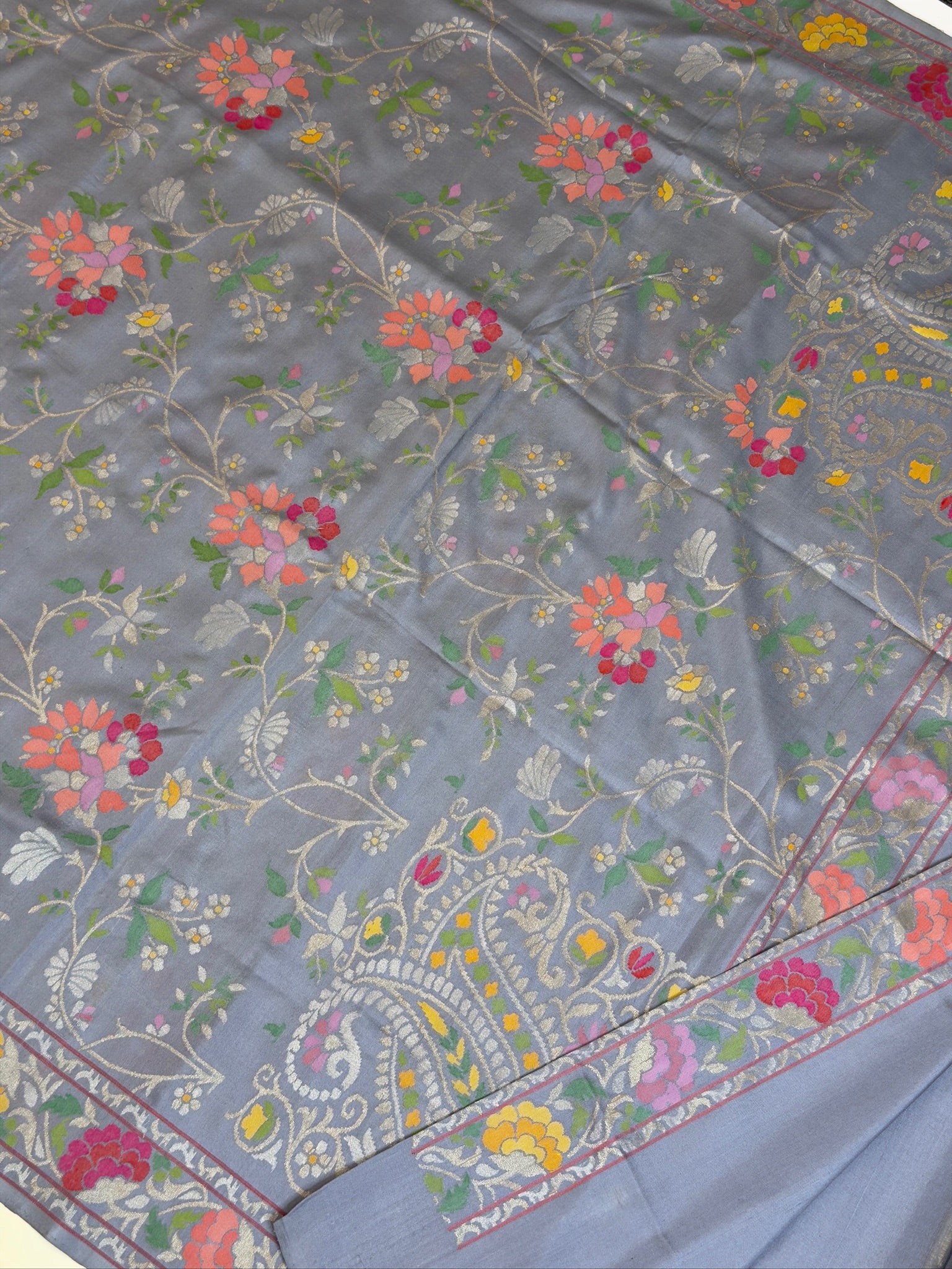 Steel Grey Pure Real Zari Jamdani Saree with Floral Weaving