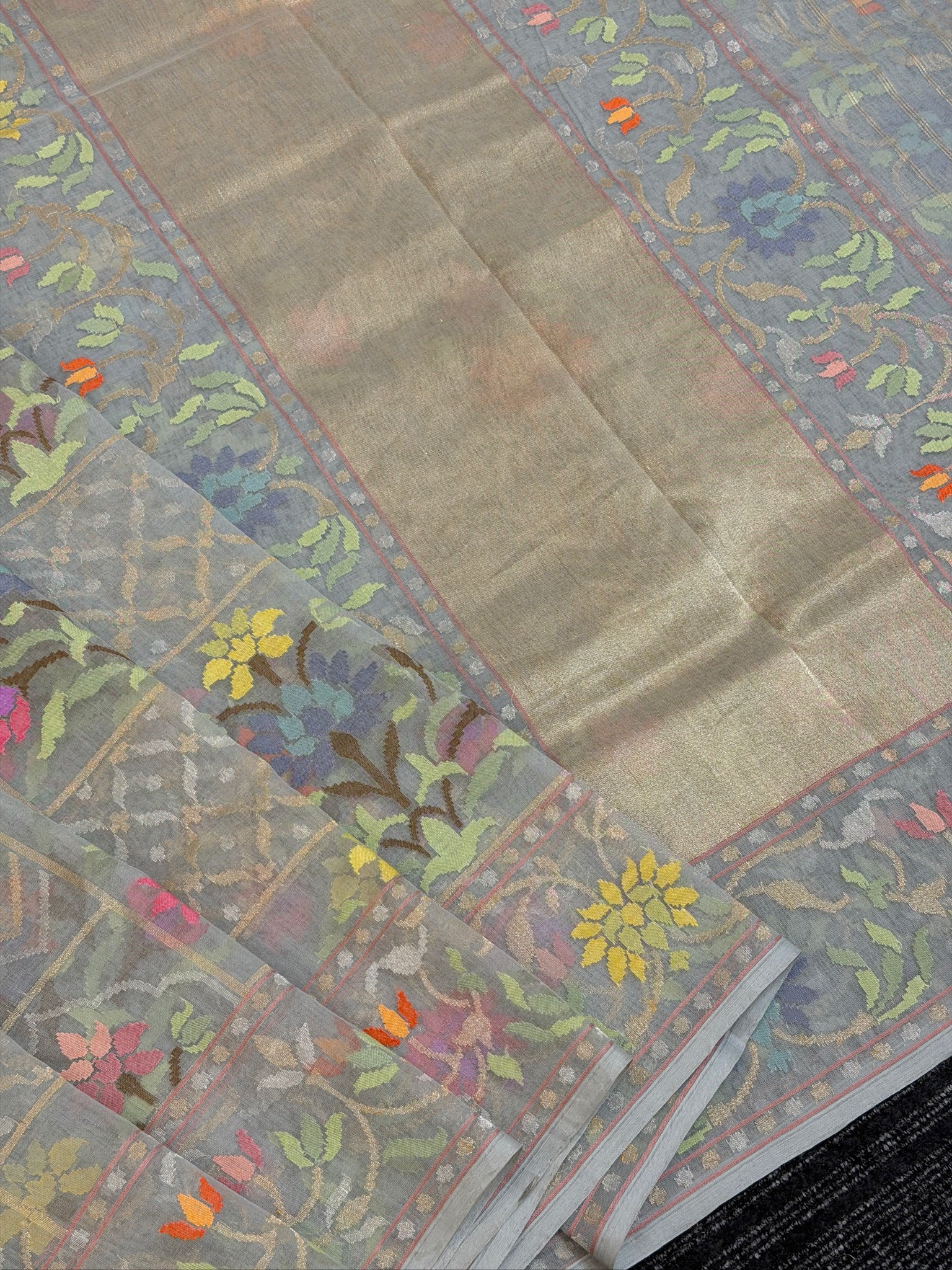 Ash Grey Pure Real Zari Jamdani Saree with Floral Weaving