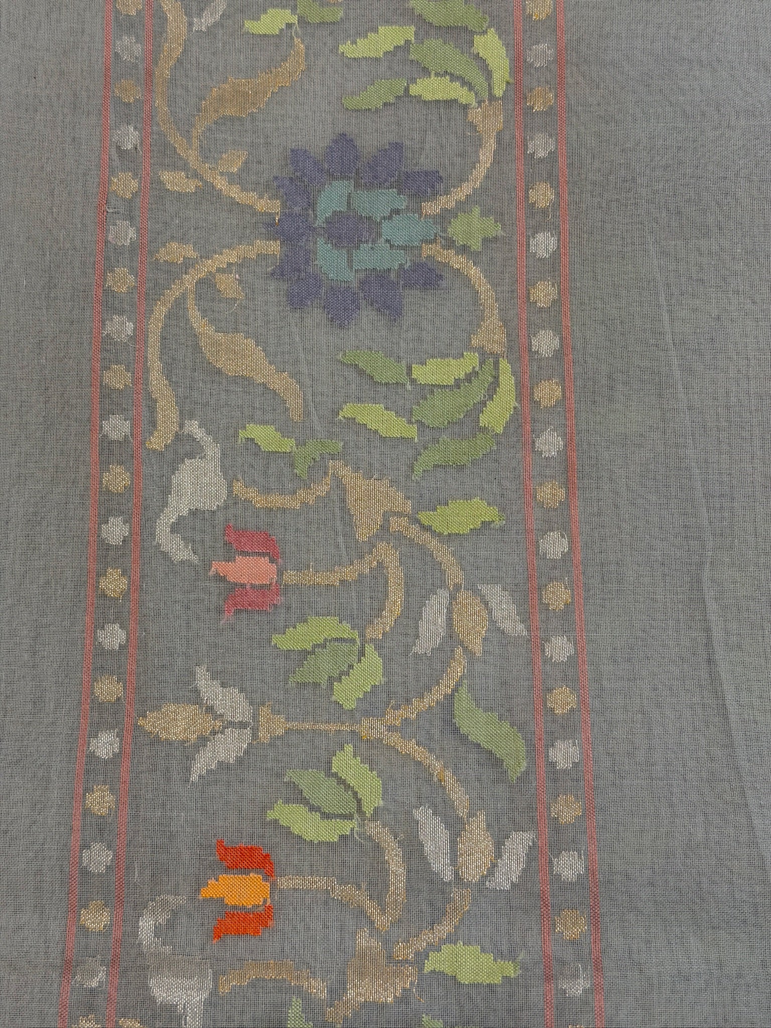 Ash Grey Pure Real Zari Jamdani Saree with Floral Weaving