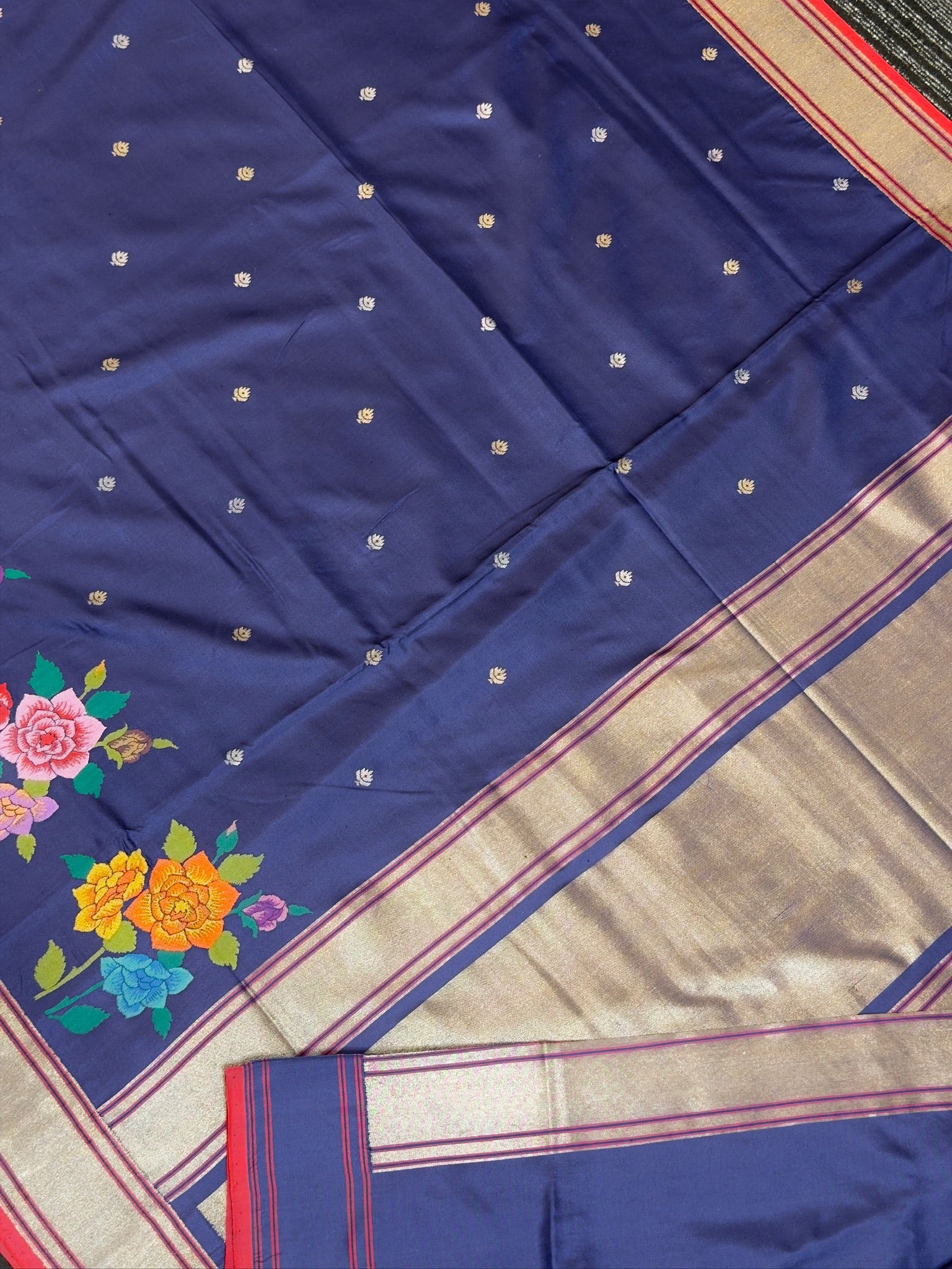 Ink Blue Pure Real Zari Jamdani Saree with Floral Weaving