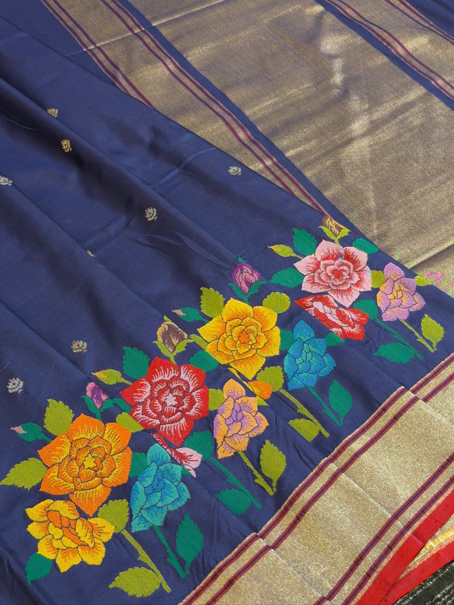 Ink Blue Pure Real Zari Jamdani Saree with Floral Weaving