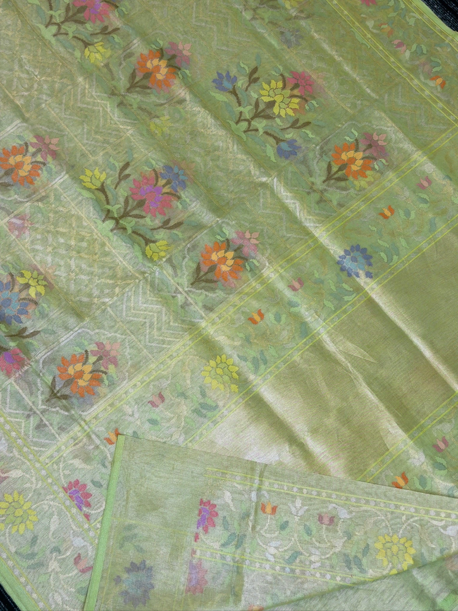 Pista Green Pure Real Zari Tissue Jamdani Saree with Floral Weaving