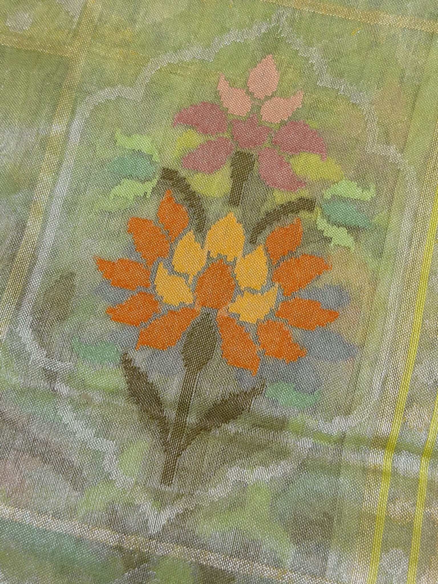 Pista Green Pure Real Zari Tissue Jamdani Saree with Floral Weaving