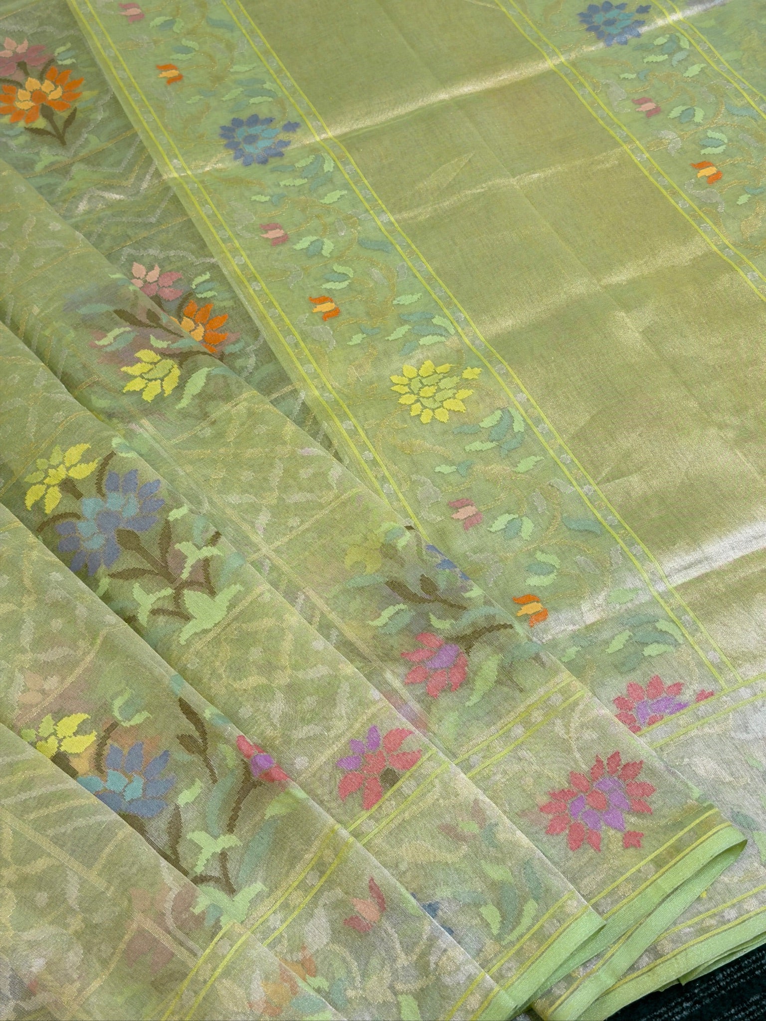 Pista Green Pure Real Zari Tissue Jamdani Saree with Floral Weaving