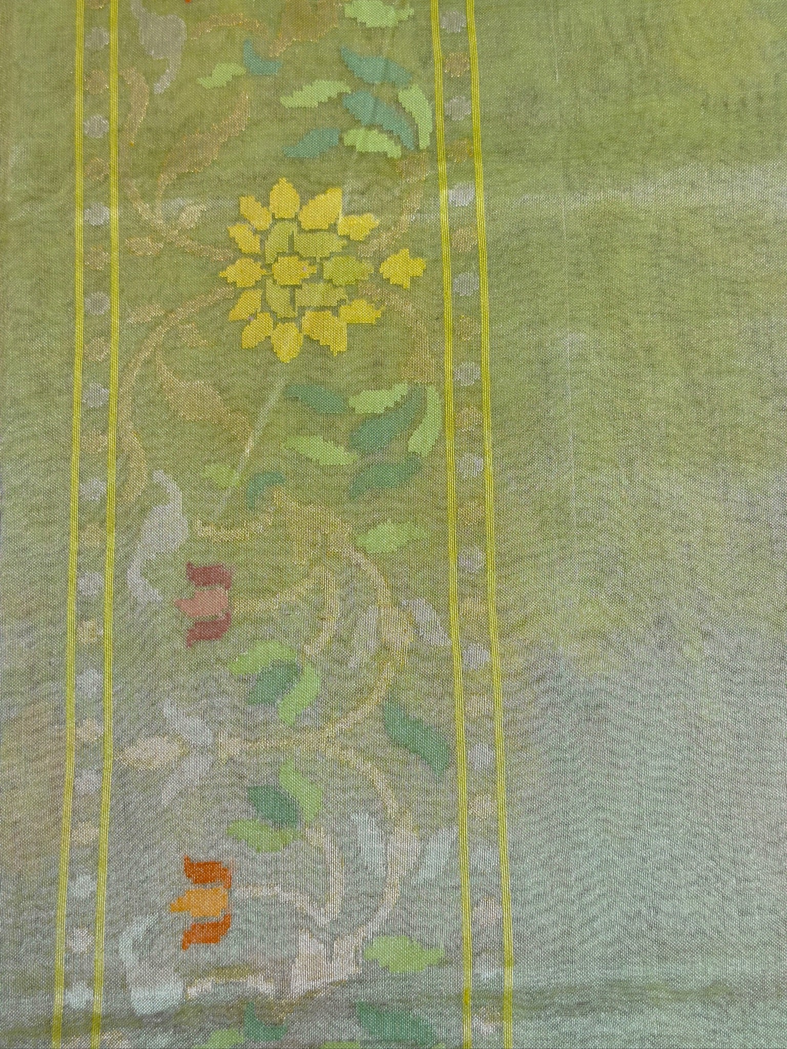 Pista Green Pure Real Zari Tissue Jamdani Saree with Floral Weaving