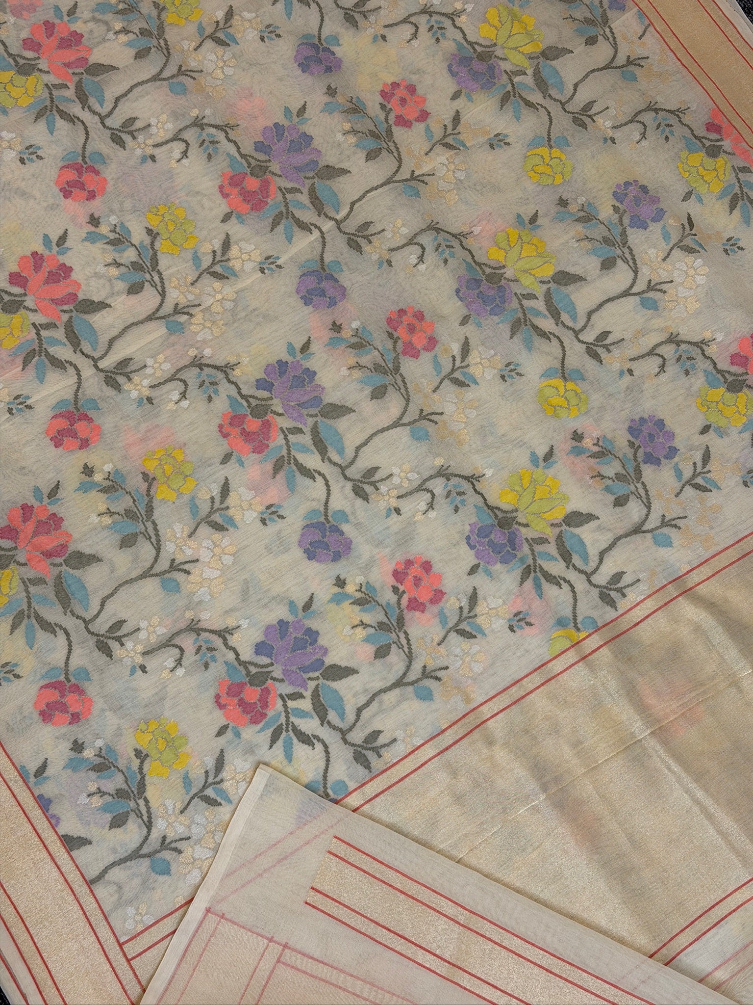 Ivory Pure Real Zari Jamdani Saree with Floral Weaving